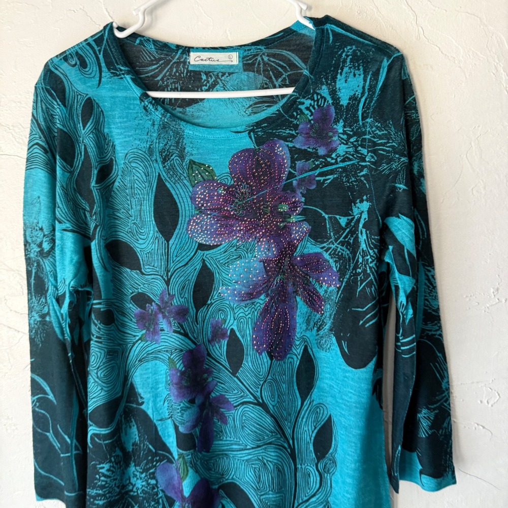Cactus Teal Floral Rhinestone Detail Long Sleeve‎ Asymmetrical Top Boho Artsy L - Picture 2 of 8
